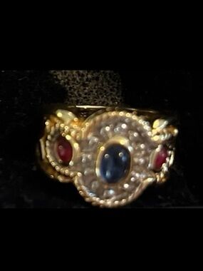 Vintage Gold-Filled Ring with Sapphire-Blue and Ruby-Red Stones, size 5